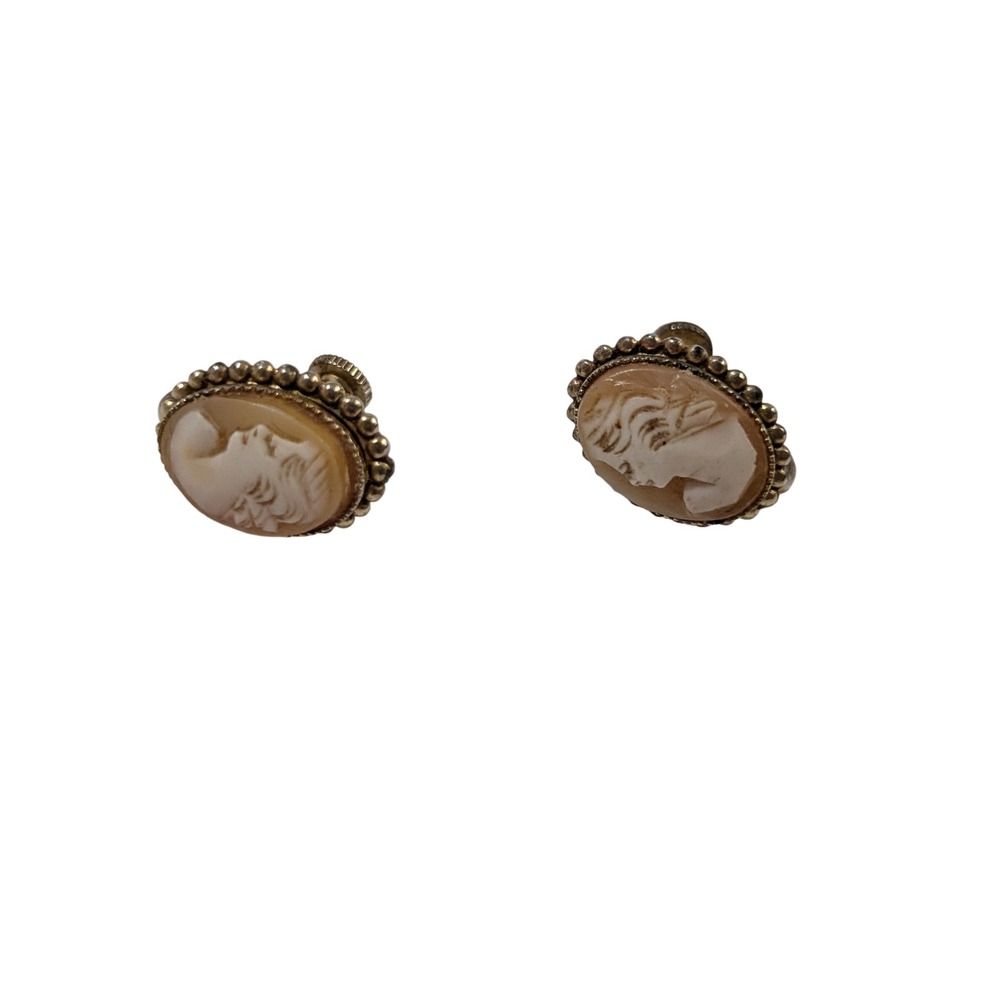 Vintage Carved Shell Cameo Screw Back Earrings Gold Tone Beaded Frame 1950s